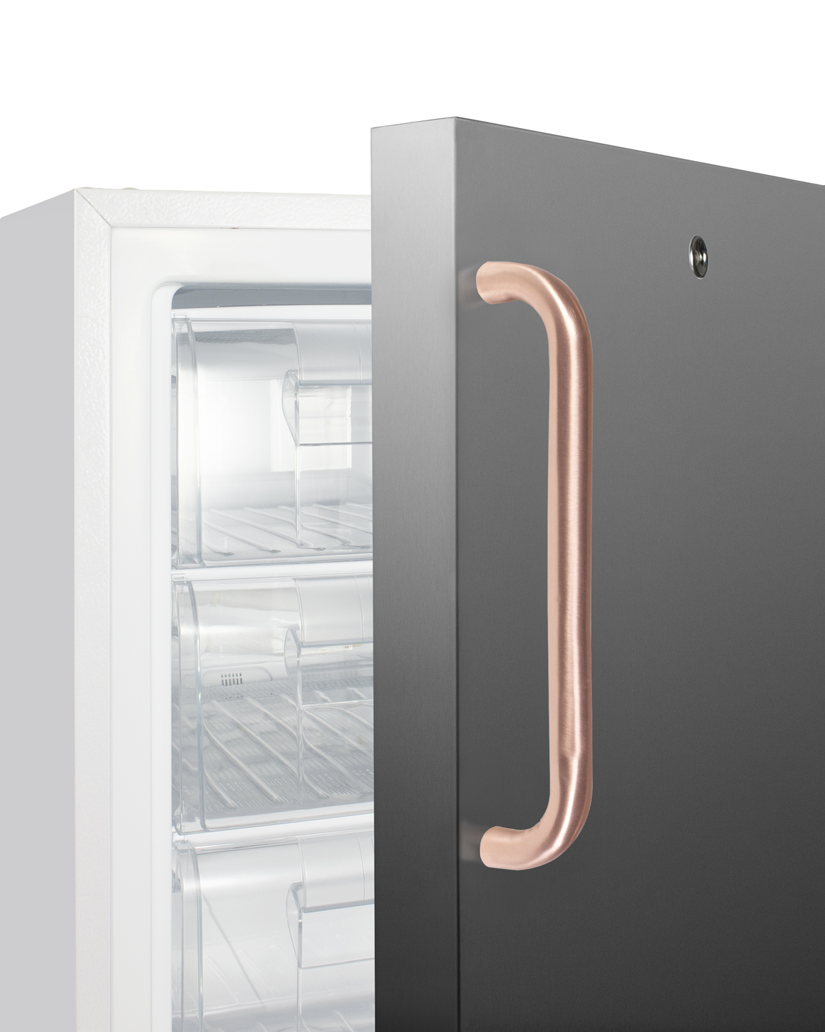 Built-in undercounter -25 C ADA compliant all-freezer in white with a stainless steel door, lock, pure copper towel bar handle, digital controls, interior baskets, hospital cord with 'green dot' plug, factory installed access port, and manual defrost operation